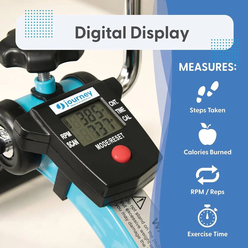 Digital fitness tracker with a blue handle, showing digital display and features on a white background.