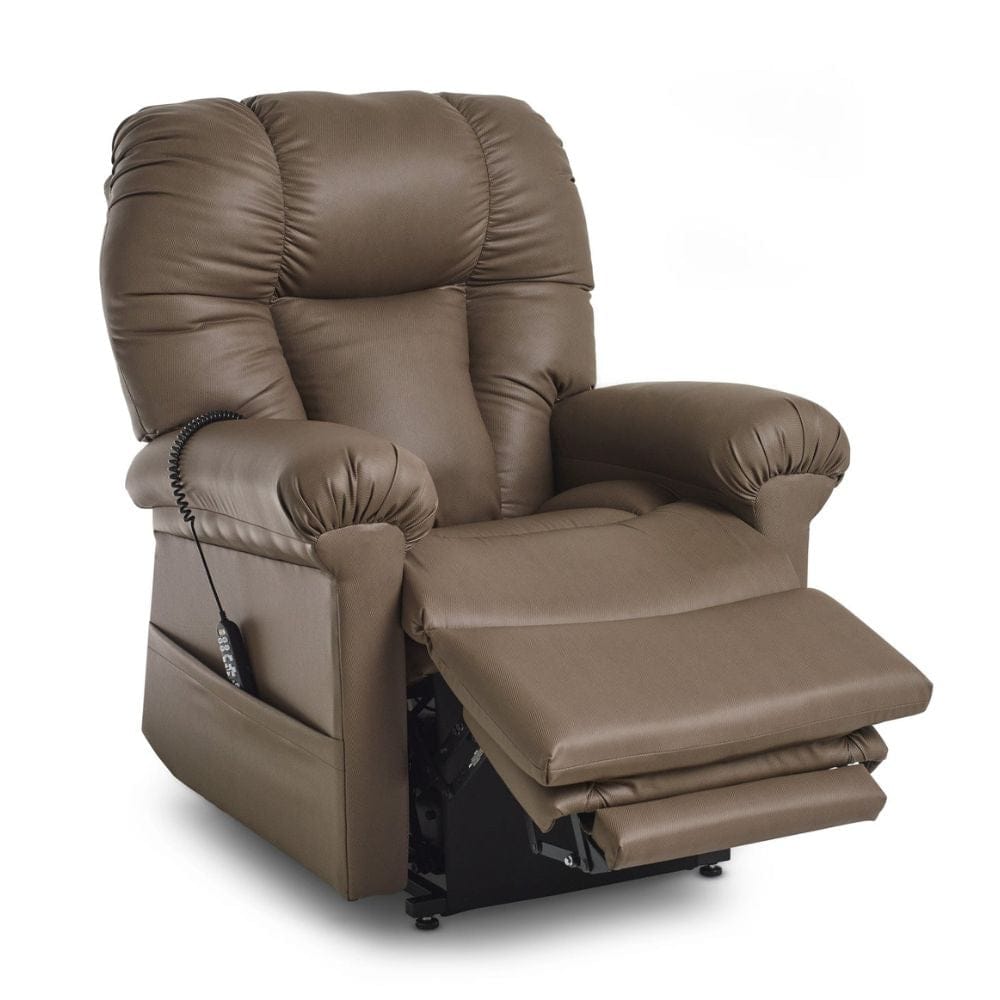 Brown leather recliner chair with armrest control on a white background