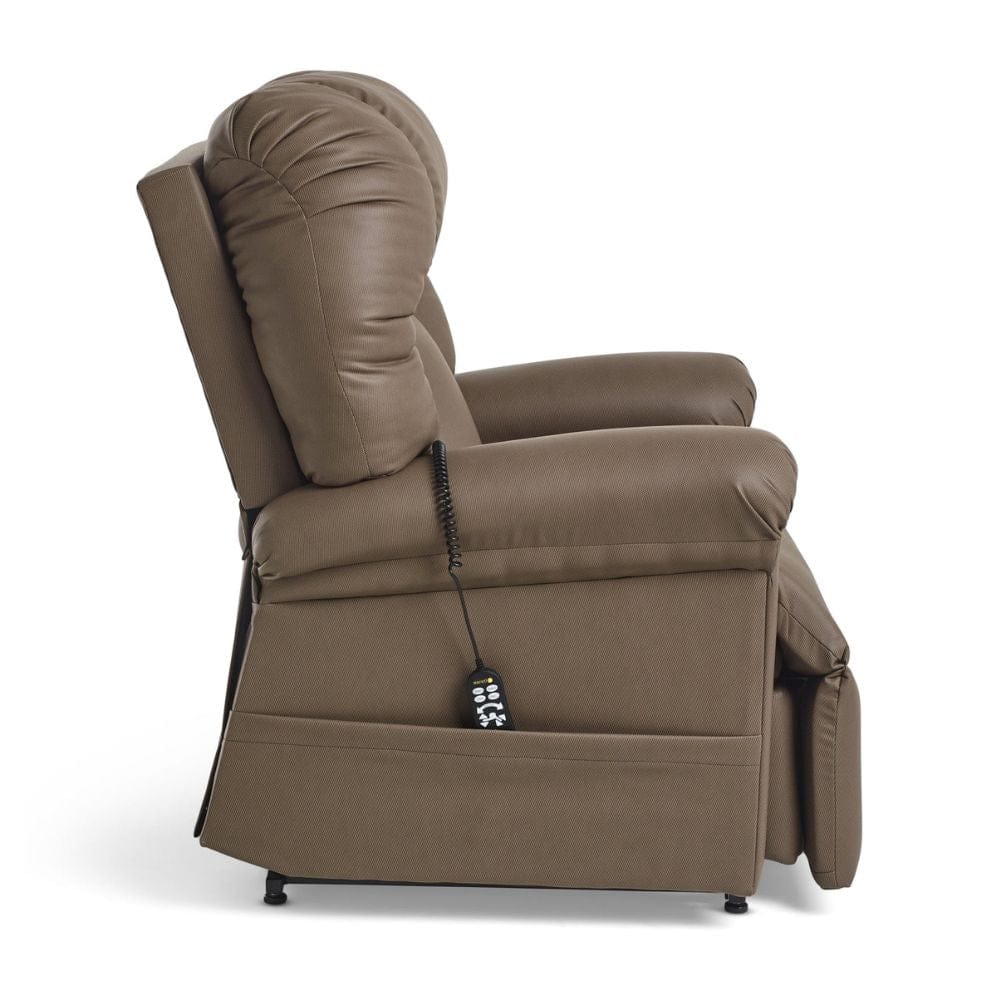 Brown recliner chair with remote control on a white background
