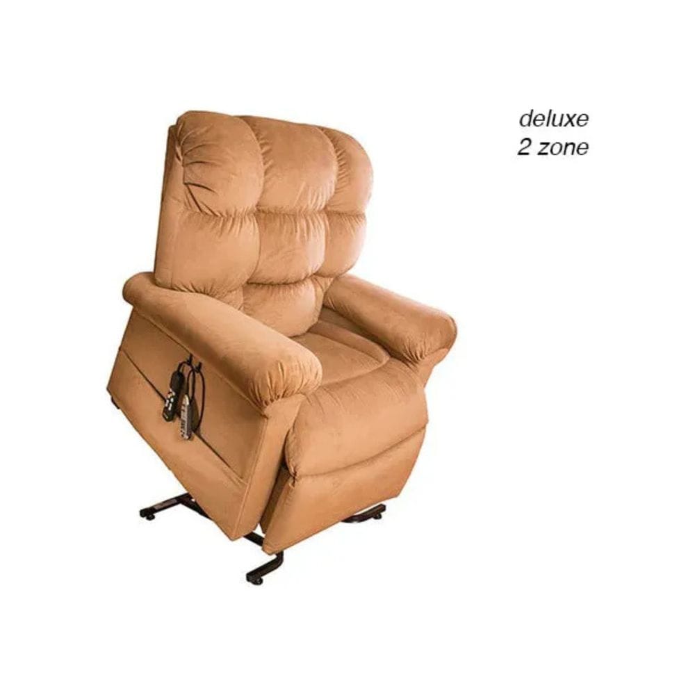 Brown recliner chair labeled 'deluxe 2 zone' on a white background