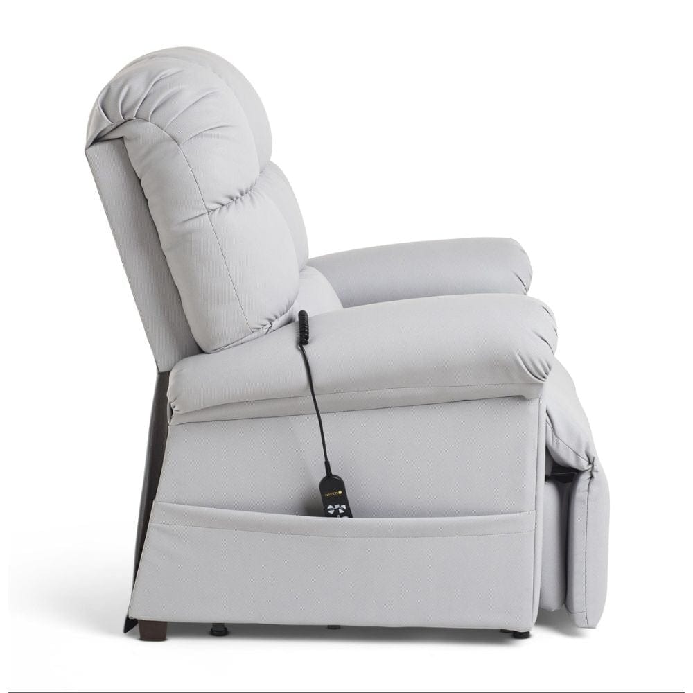 Gray recliner chair with power control on a white background