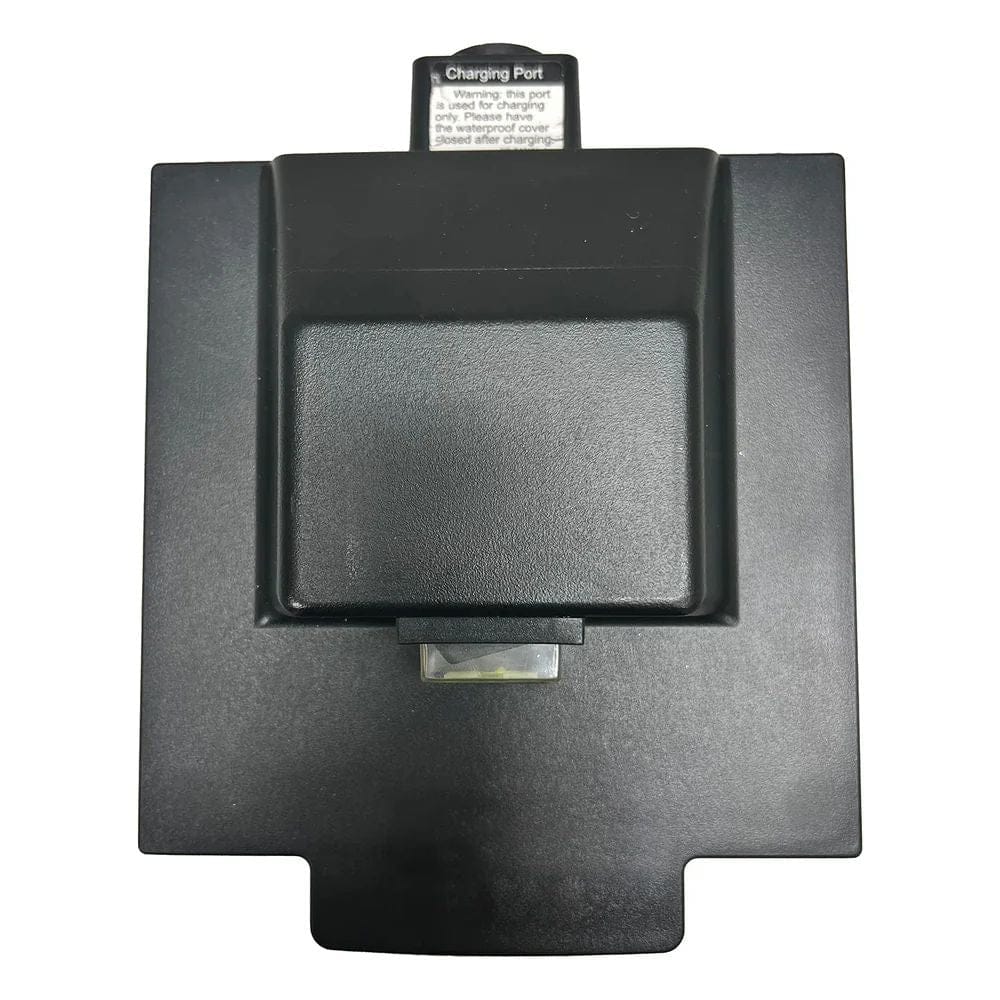 Black electronic device with a charging port on a white background