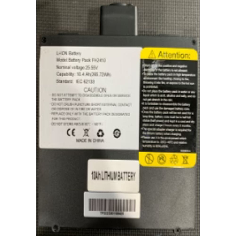 Laptop battery with warning labels and specifications on a white background