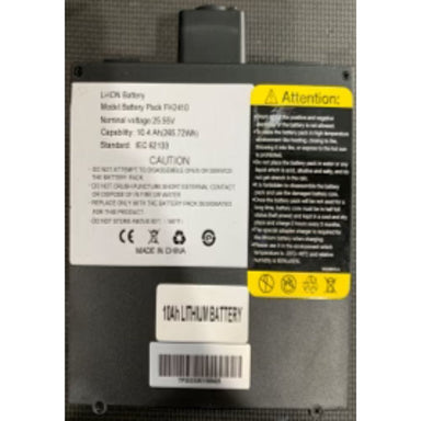 Laptop battery with warning labels and specifications on a white background