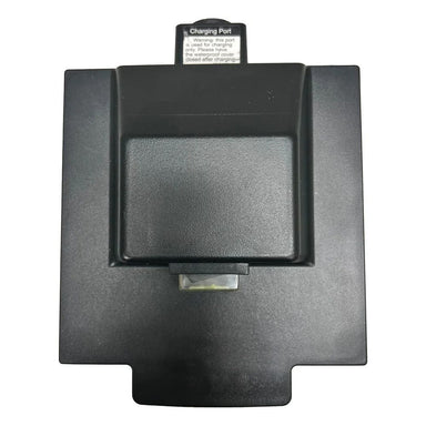 Black electronic device with a charging port on a white background