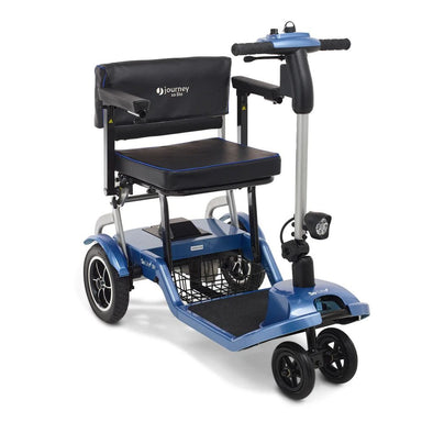 Blue mobility scooter with black seat on a white background