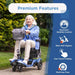 Woman using a mobility scooter with premium features highlighted on a blue background