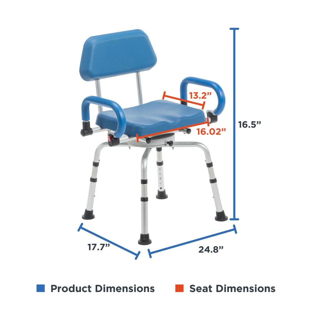 Blue shower chair with measurements on a white background