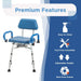 Blue shower chair with features listed on a blue and white background