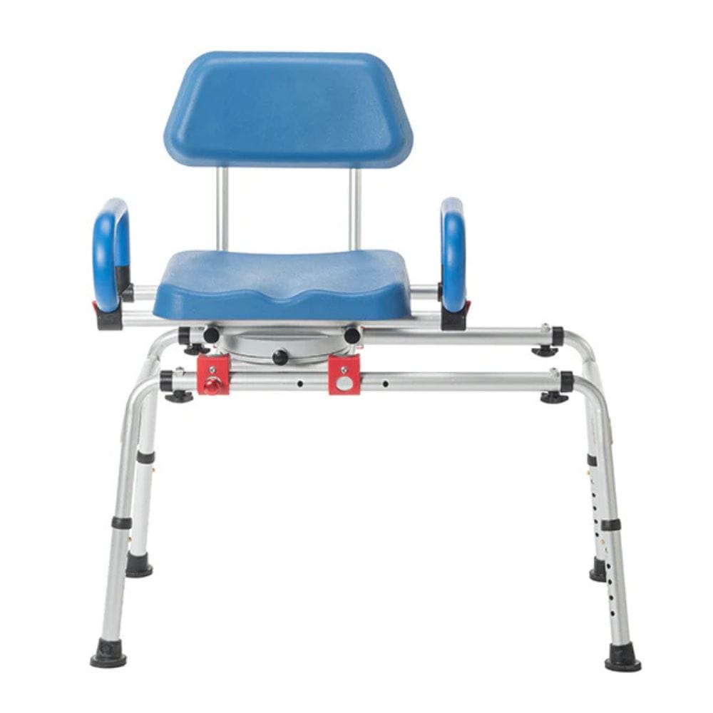 Blue shower chair with adjustable legs on a white background