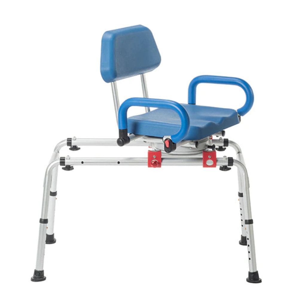Blue and silver medical transfer bench on a white background