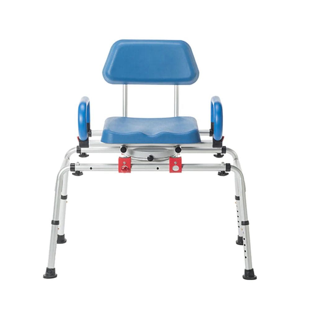 Blue and silver adjustable bath seat on a white background