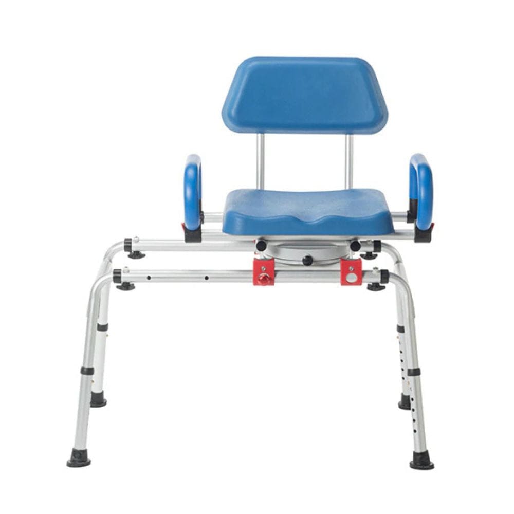 Blue and silver medical bathtub seat with backrest on a white background