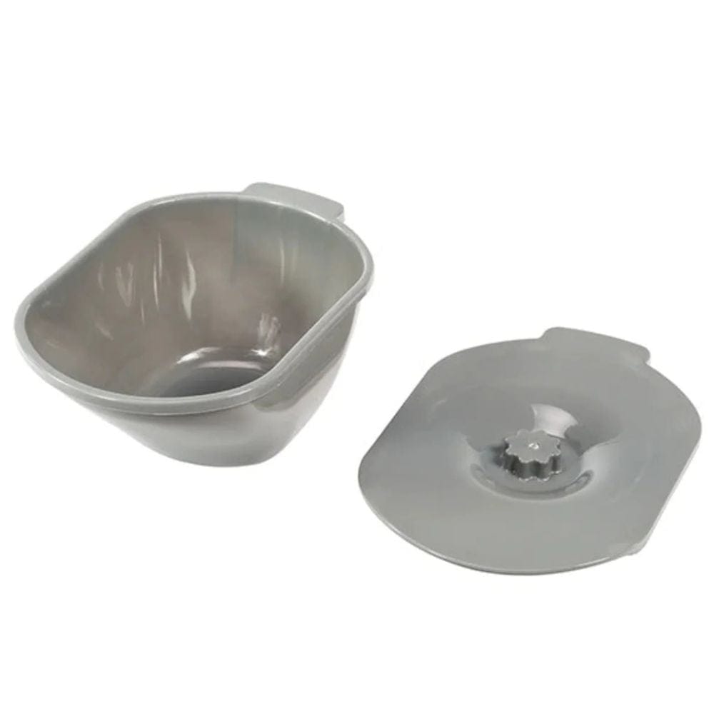 Gray plastic bowl and lid on a white background
