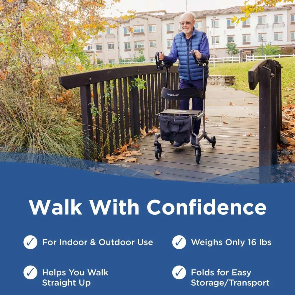 Man using a walker with text about its features on a blue banner