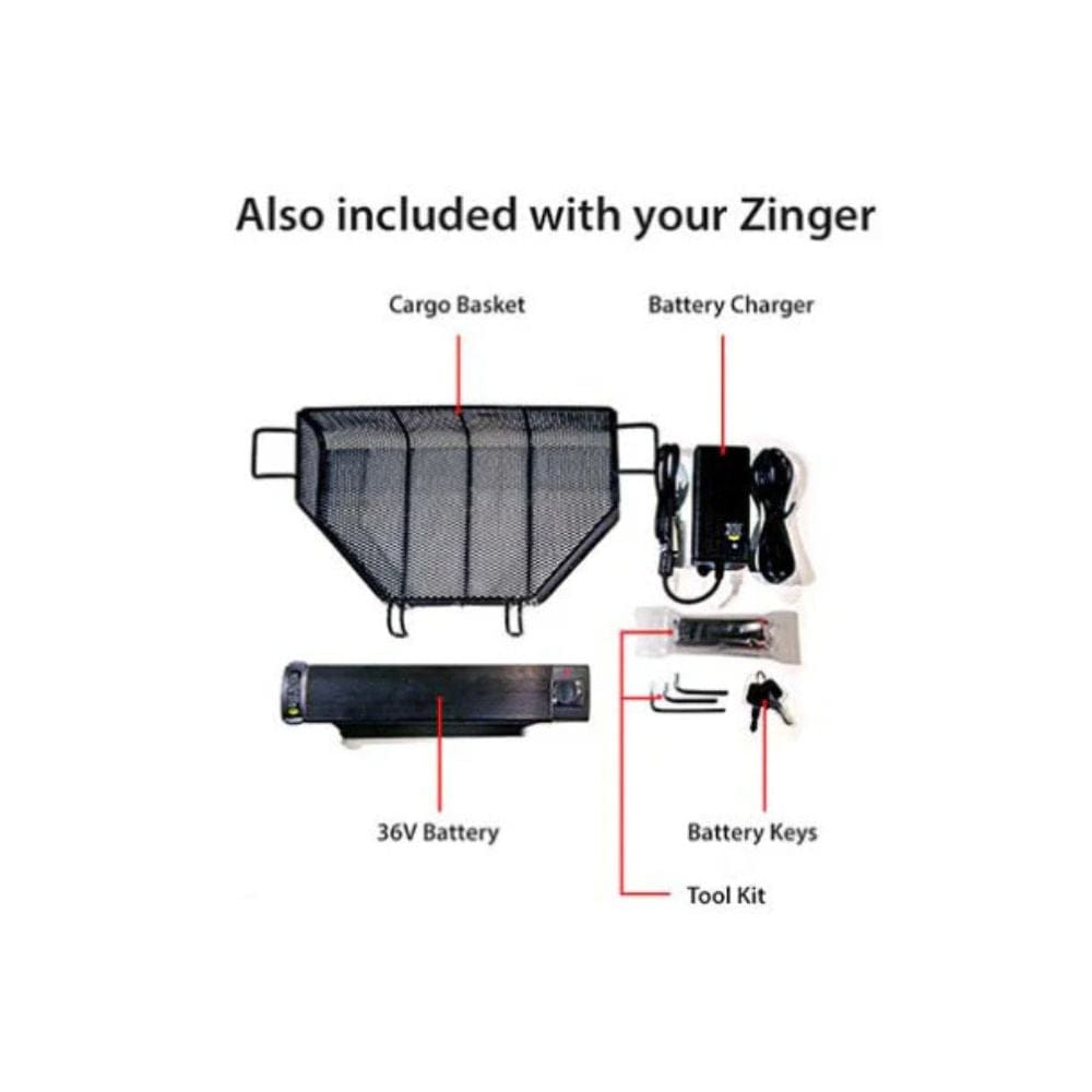 List of items included with a Zinger product on a white background