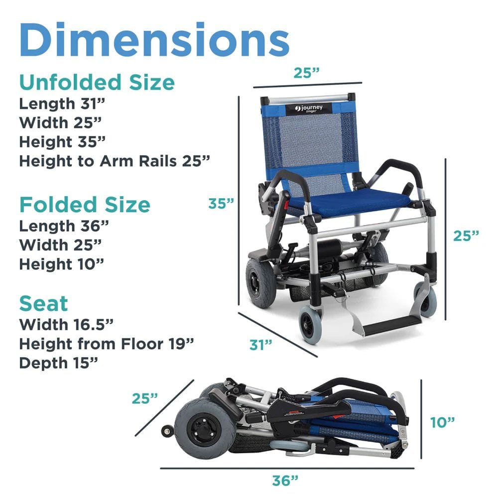 Measurement chart of a folded and unfolded wheelchair with dimensions labeled.