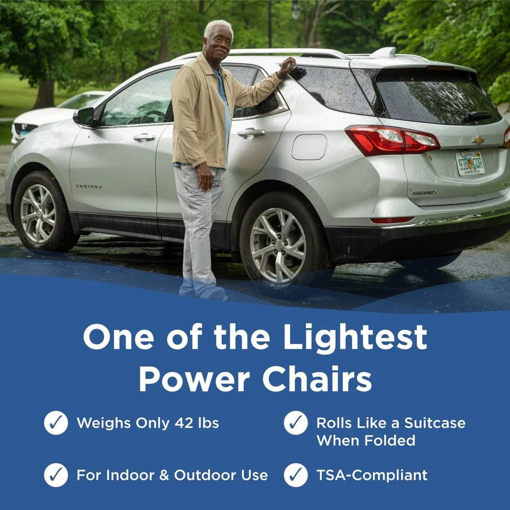 Man standing next to a silver SUV with promotional text about power chairs on a blue background