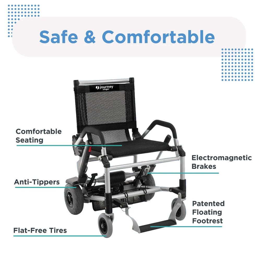 Black electric wheelchair with safety features highlighted on a white background