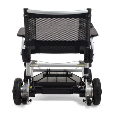 Back view of a black and silver electric wheelchair on a white background