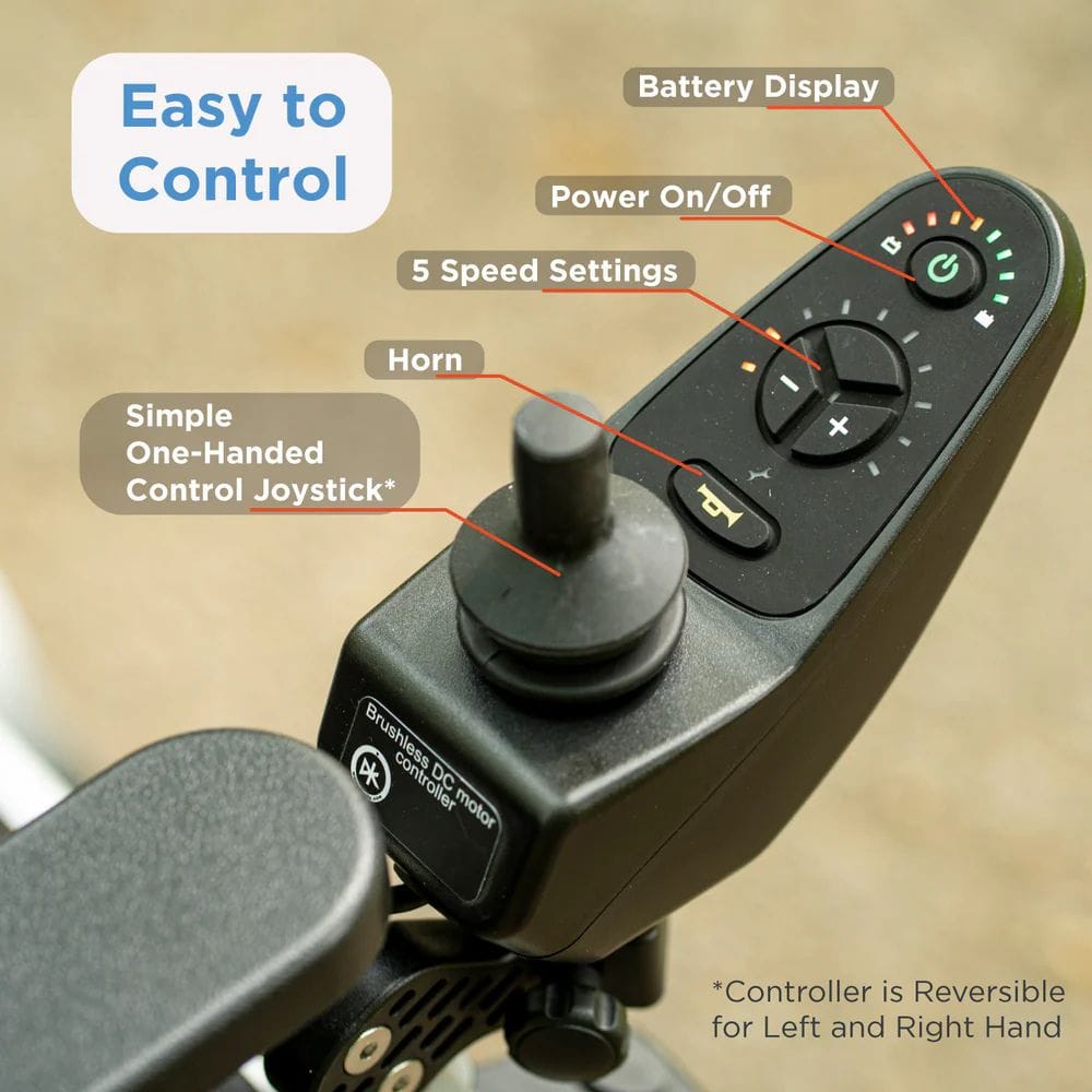 Control joystick with labeled features on a blurred background