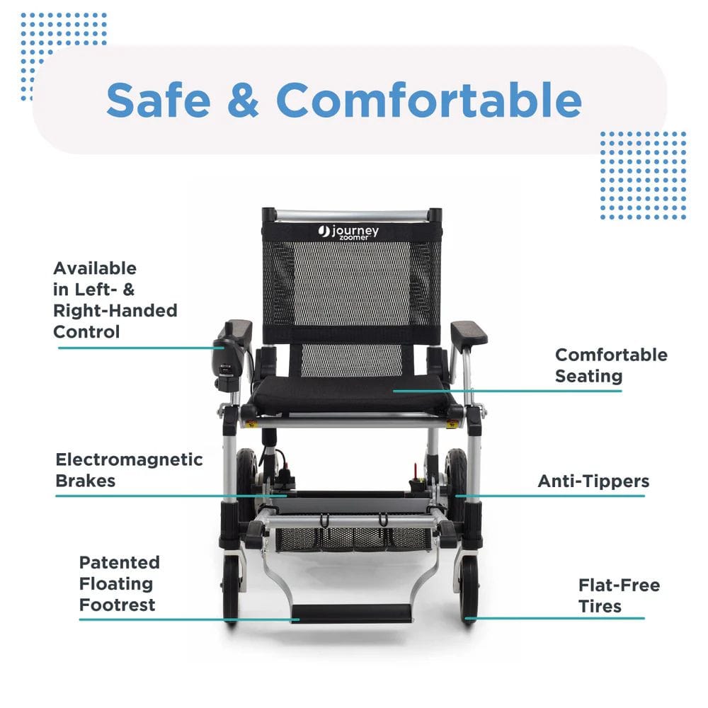Black and silver wheelchair with features highlighted on a white background