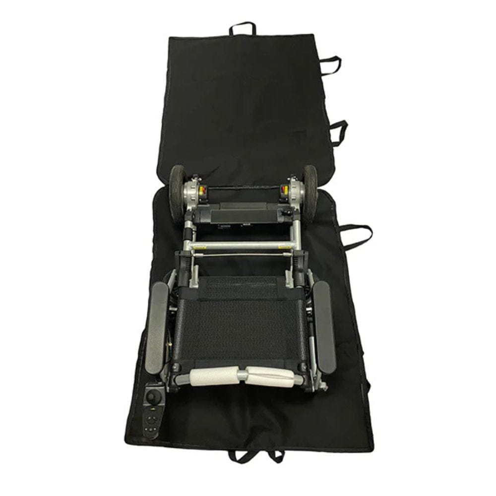 Foldable wheelchair with black cover on a white background