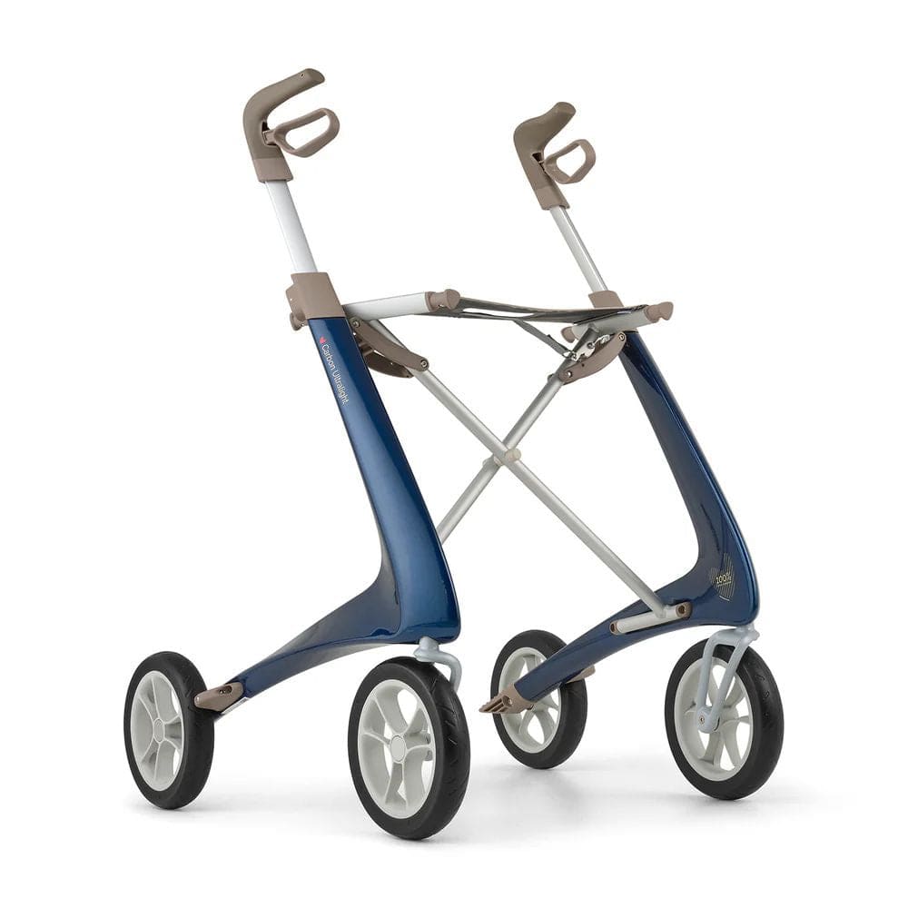 Blue and beige rollator on a white background