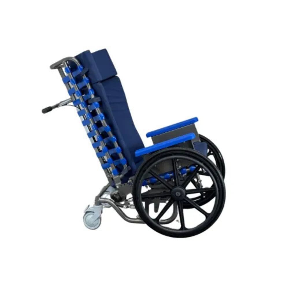 Blue wheelchair with reclined position on a white background