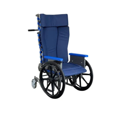 Blue wheelchair with reclined position on a white background