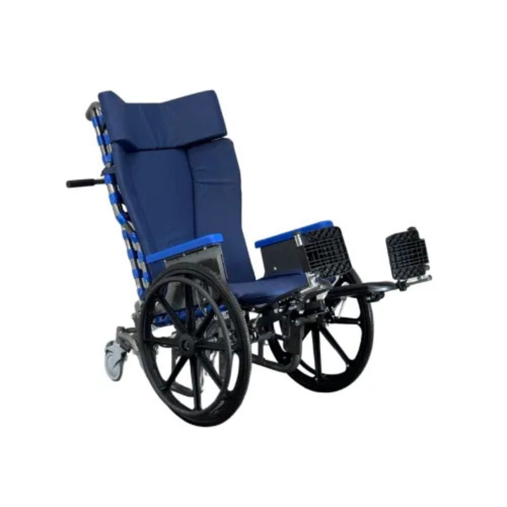 Blue wheelchair with reclined position on a white background