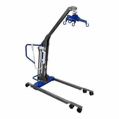 Portable crane with blue and gray design on a white background