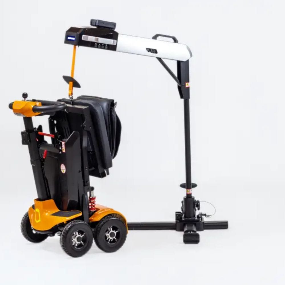 Mobility scooter with attached lift on a white background