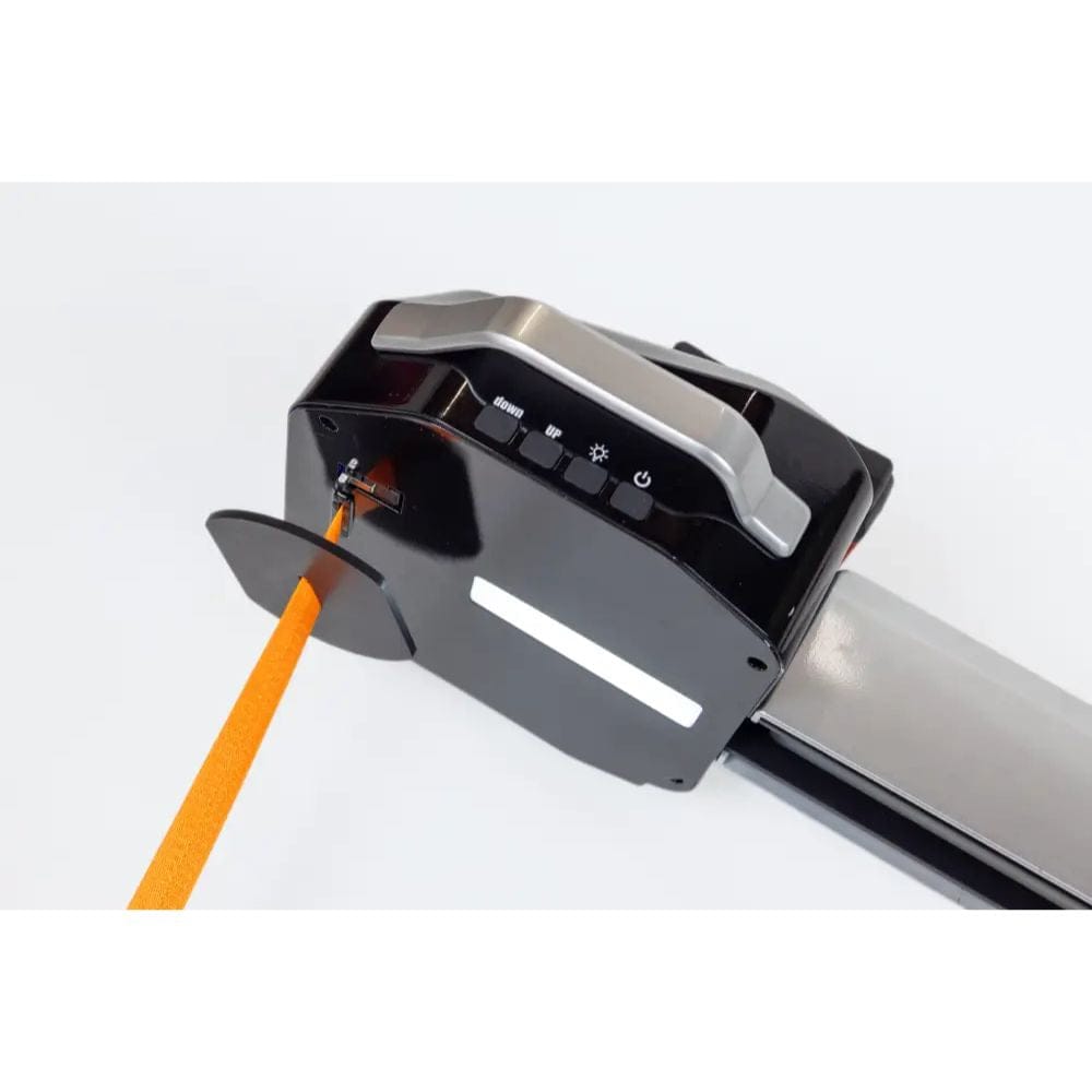 Black and silver device with an orange cable on a white background