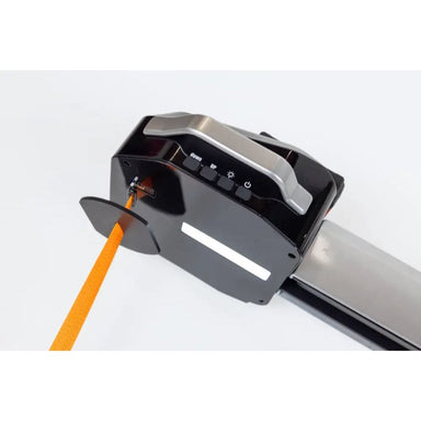 Black and silver device with an orange cable on a white background