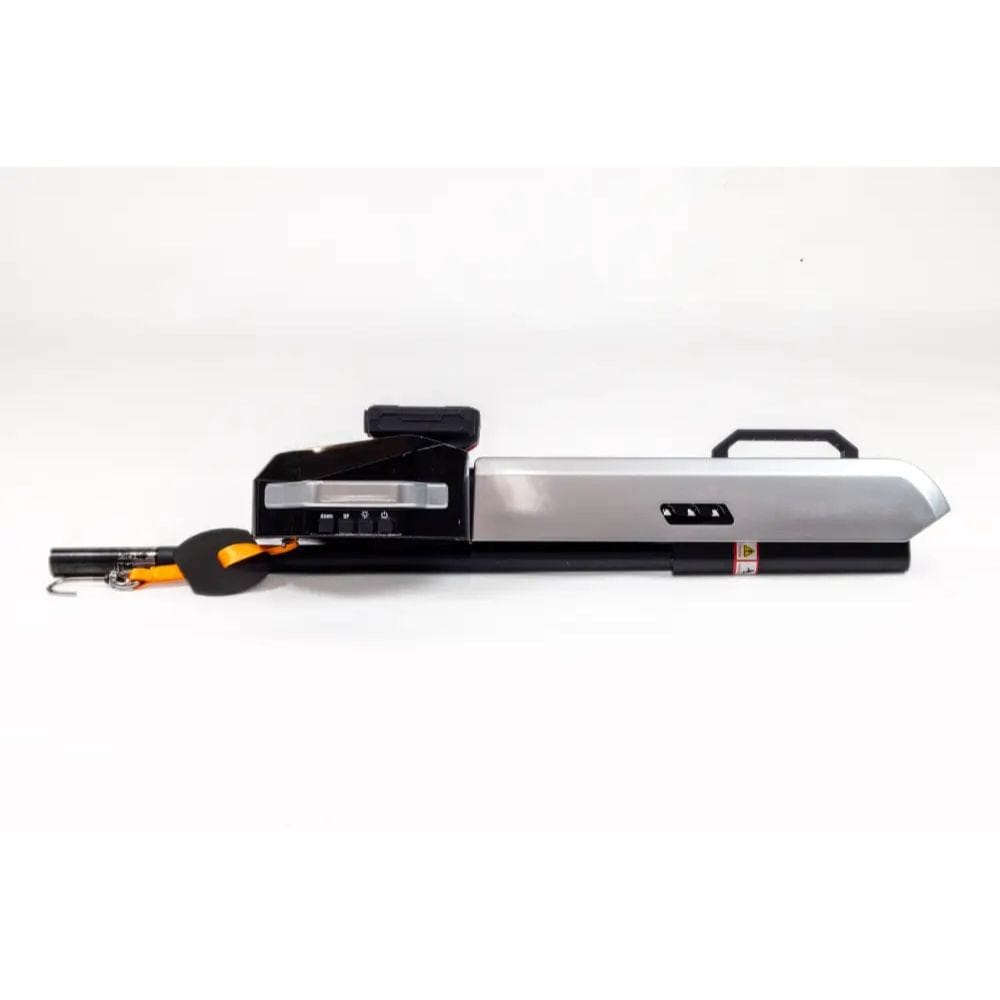Black and silver device with a handle on a white background