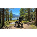 Electric wheelchair on a trail with a scenic view of trees and mountains.