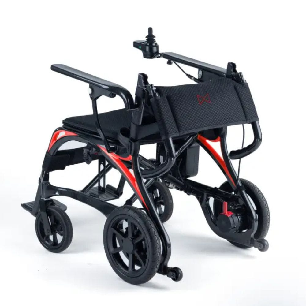 Foldable electric wheelchair with black and red design on a white background