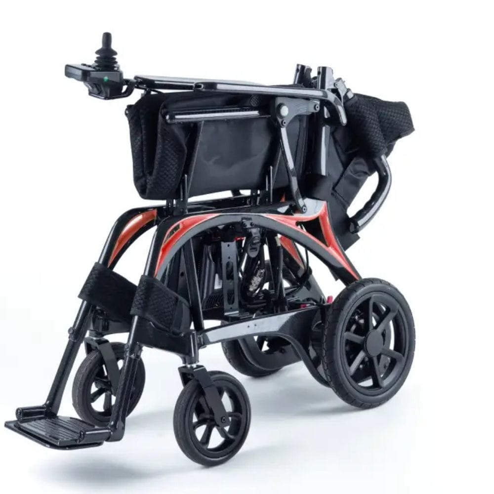 Foldable wheelchair with black and red design on a white background