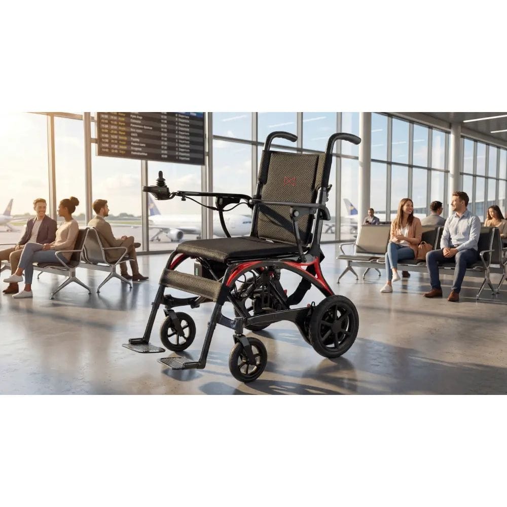 Foldable wheelchair in an airport terminal with people sitting in the background