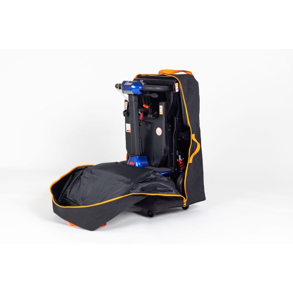 Black and orange backpack with a blue light on a white background