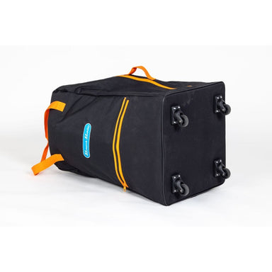 Black travel bag with orange straps on a white background