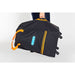 Black and orange suitcase with wheels on a white background