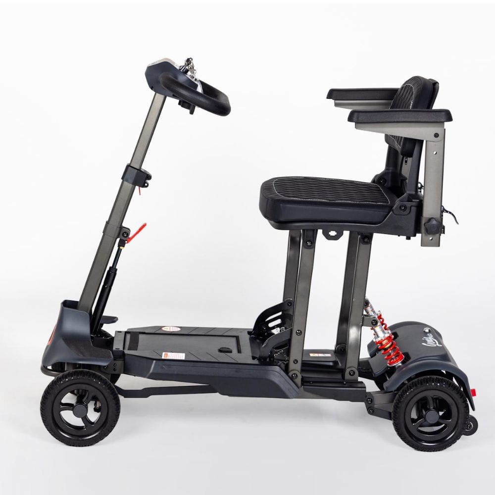Black mobility scooter with a seat on a white background