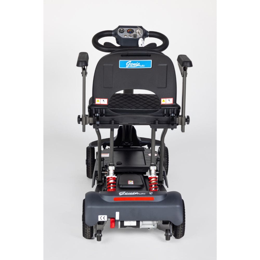 Black mobility scooter with visible brand logo on a white background