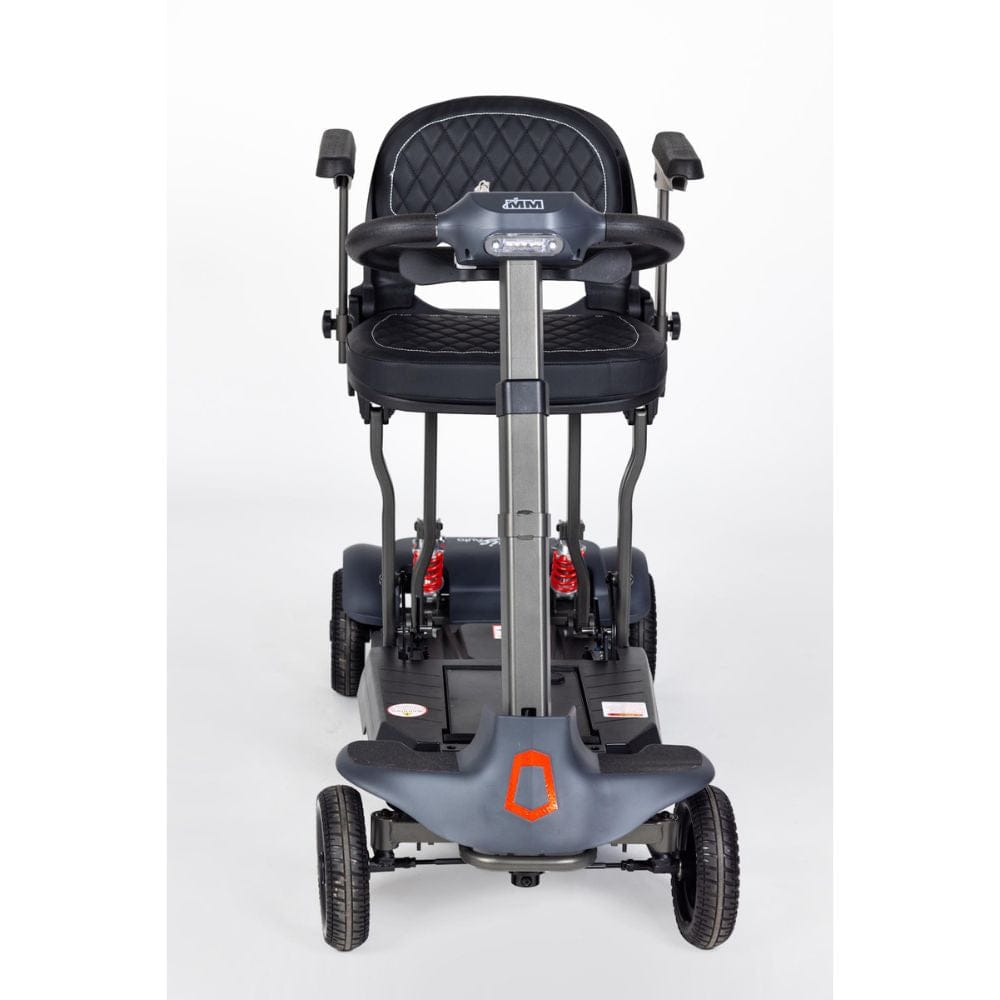 Black mobility scooter with a seat on a white background