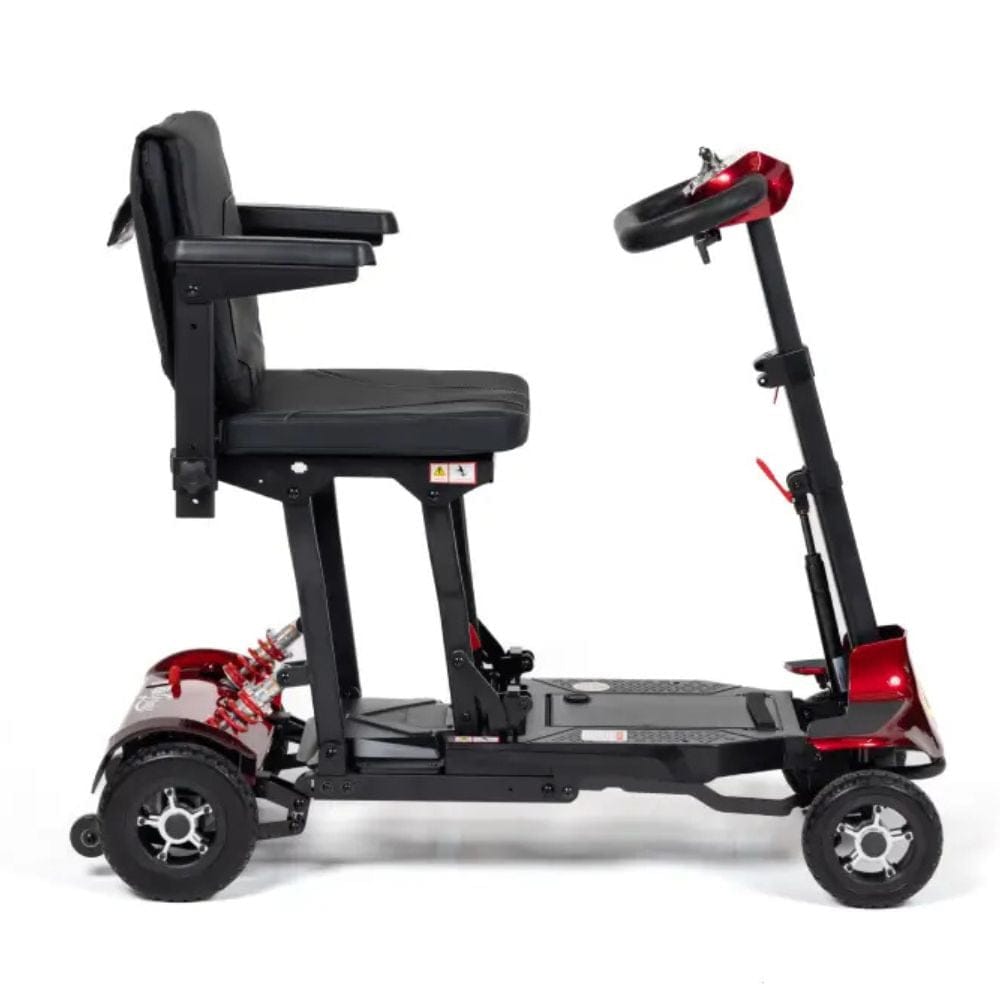 Black mobility scooter with a seat on a white background