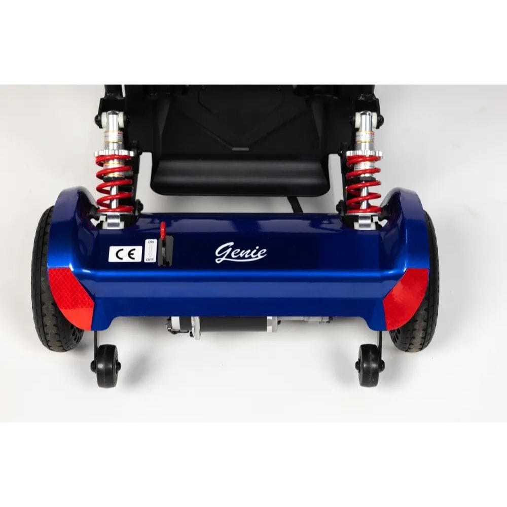 Close-up of a blue and red scooter with 'Genie' branding on a white background