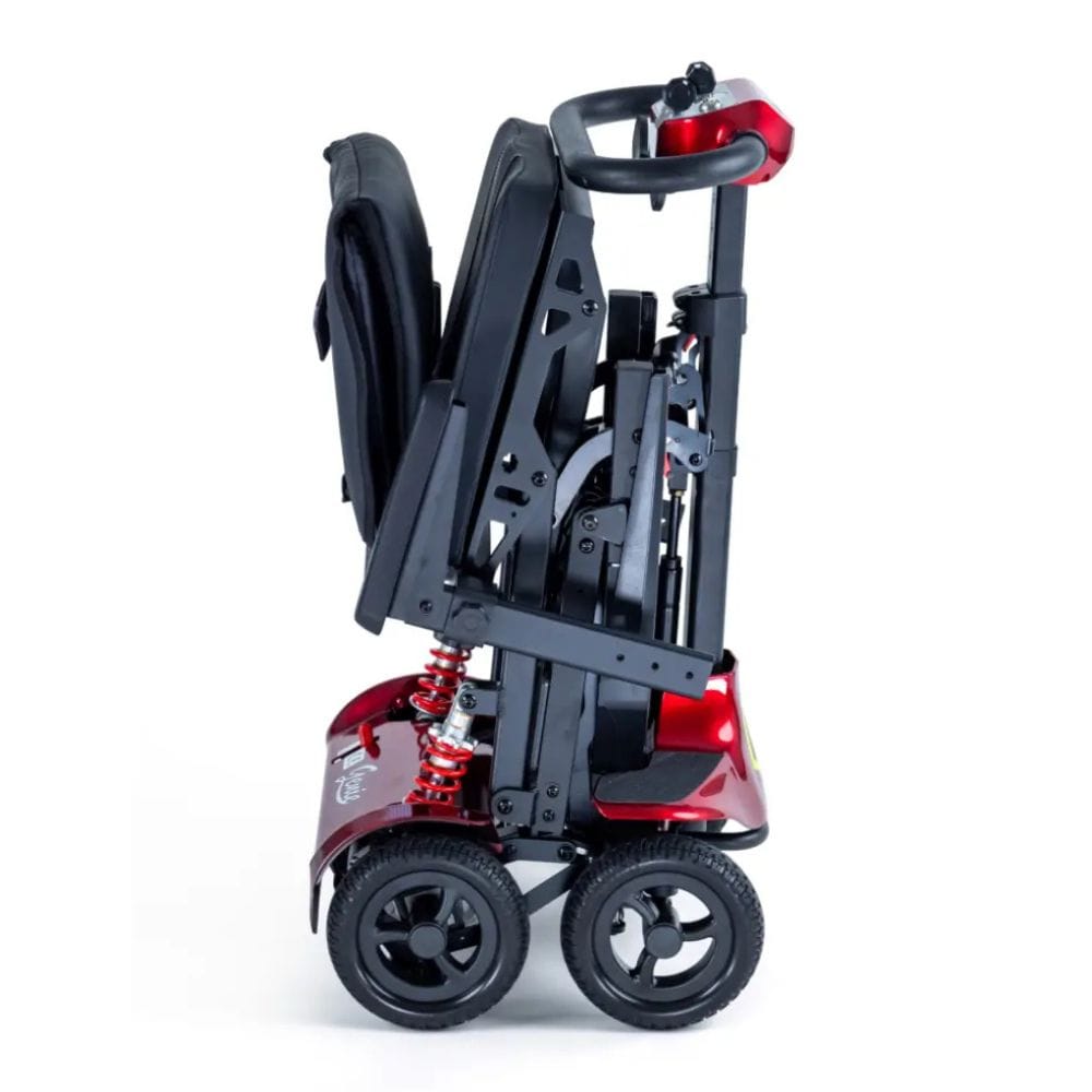 Red and black mobility scooter on a white background