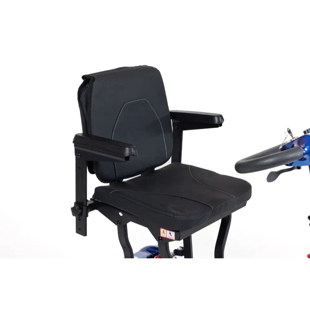 Black adjustable seat with a small motorcycle in the background on a white background